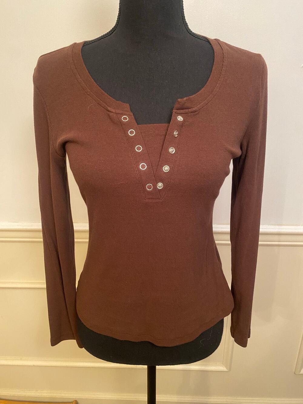 Beaully Y2K Brown Long Sleeve Henley Ribbed Tee with Grommet Placket